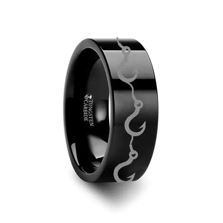 Multiple Fishing Hook Pattern Ring Engraved Flat Black Tungsten Ring - 4mm - 12mm - Larson Jewelers