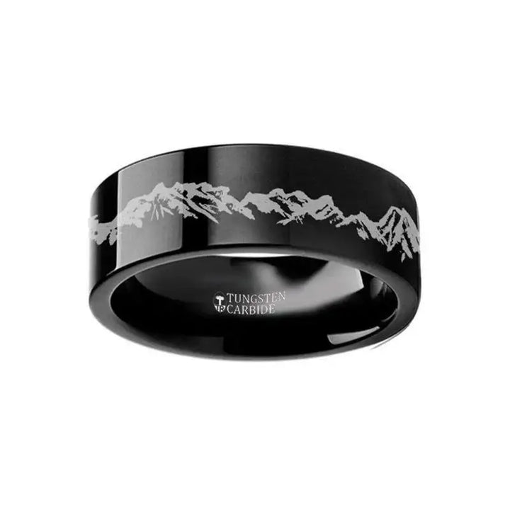 Peaks Mountain Range Outdoors Landscape Ring Engraved Flat Black Tungsten Ring - 4mm - 12mm - Larson Jewelers