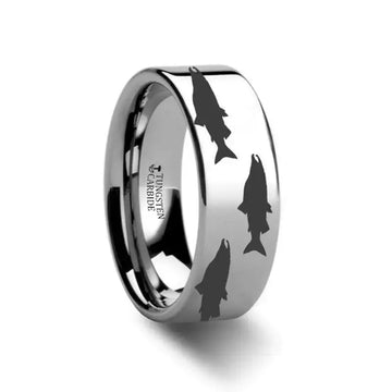 Salmon Fish Sea Print Pattern Ring Engraved Flat Tungsten Ring - 4mm - 12mm - Larson Jewelers