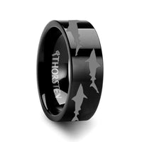 Shark Predator Fish Sea Print Pattern Ring Engraved Flat Black Tungsten Ring - 4mm - 12mm - Larson Jewelers