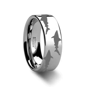 Shark Predator Fish Sea Print Pattern Engraved Flat Tungsten Ring - 4mm - 12mm - Larson Jewelers