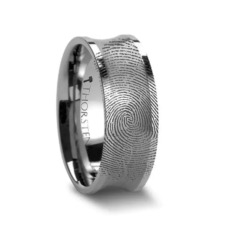 Fingerprint Ring Engraved Concave Tungsten Ring Brushed Center - Trevico - 8mm - Larson Jewelers