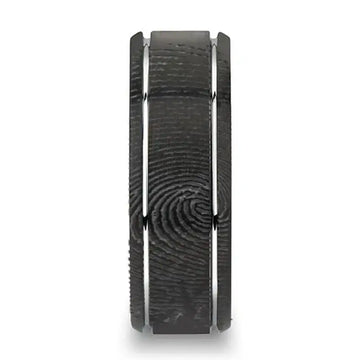 Fingerprint Engraved Flat Black Tungsten Ring with Brushed Finish & Polished Grooves - Nocturne - 6mm - 8mm - Larson Jewelers