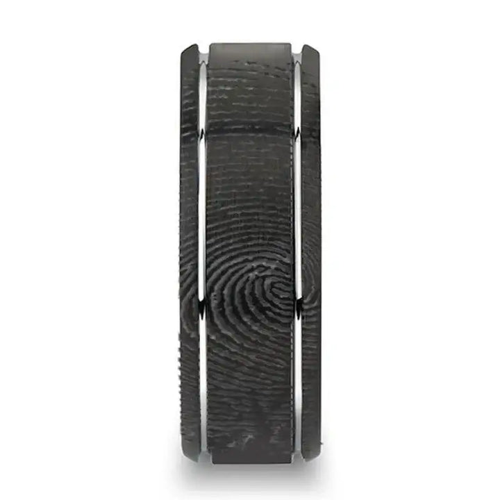Fingerprint Engraved Flat Black Tungsten Ring with Brushed Finish & Polished Grooves - Nocturne - 6mm - 8mm - Larson Jewelers
