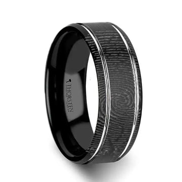 Fingerprint Engraved Flat Black Tungsten Ring with Brushed Finish & Polished Grooves - Nocturne - 6mm - 8mm - Larson Jewelers