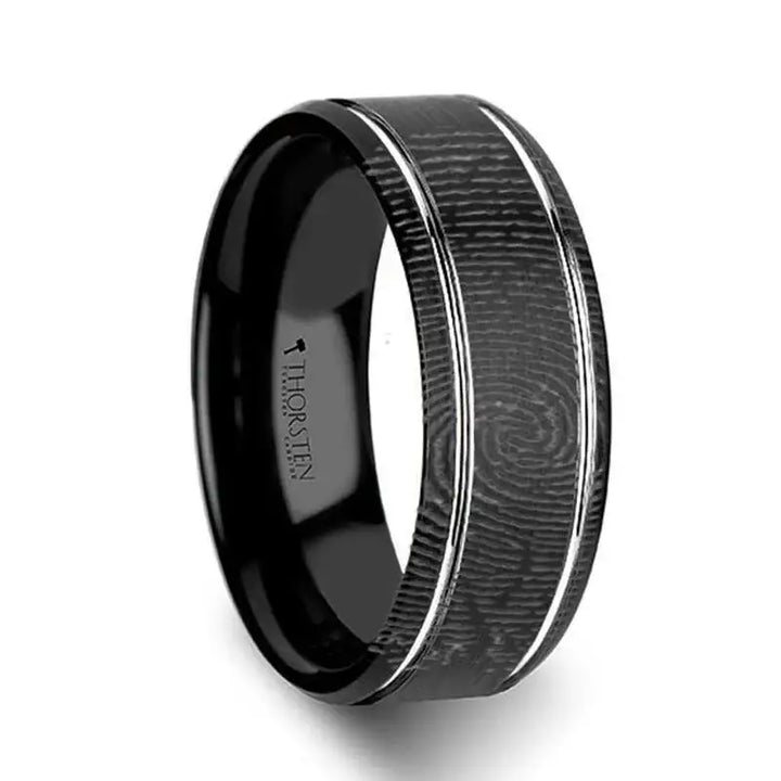 Fingerprint Engraved Flat Black Tungsten Ring with Brushed Finish & Polished Grooves - Nocturne - 6mm - 8mm - Larson Jewelers