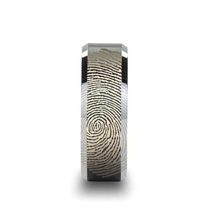 Fingerprint Engraved Flat Black Tungsten Ring with Brushed Finish with Polished Beveled Edges - Aston - 4mm - 10mm - Larson Jewelers