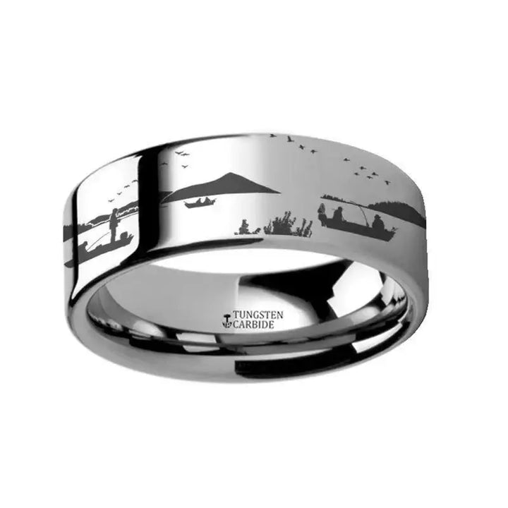 Group of Fisherman Scene Ring Tungsten Engraved Ring - 4mm - 12mm - Larson Jewelers