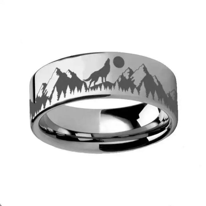 Howling Wolf Moon Mountain Ring Engraved Flat Tungsten Polished - 4mm - 12mm - Larson Jewelers