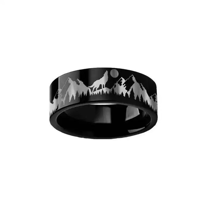 Howling Wolf Moon Mountain Ring Engraved Flat Black Tungsten Polished - 4mm - 12mm - Larson Jewelers