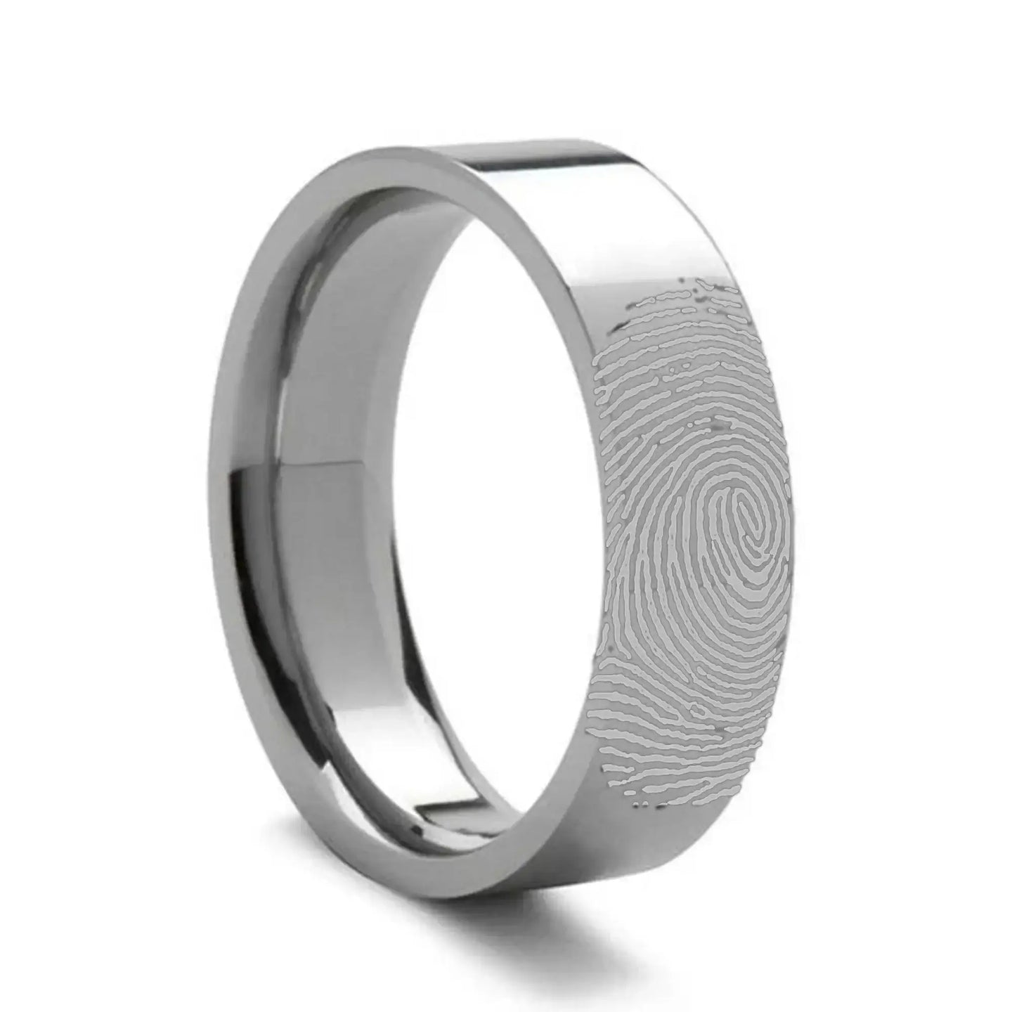 14k Fingerprint Ring White Gold Engraved Flat Band- 4mm - 8mm - Larson Jewelers