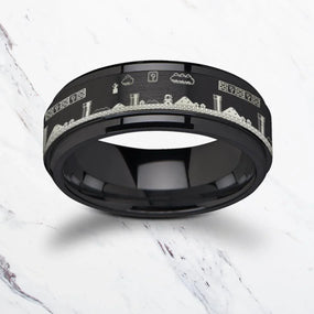 Spinning Engraved Super Mario Bros Pixel Level Game Black Tungsten Carbide Spinner Wedding Band - 8mm - Larson Jewelers