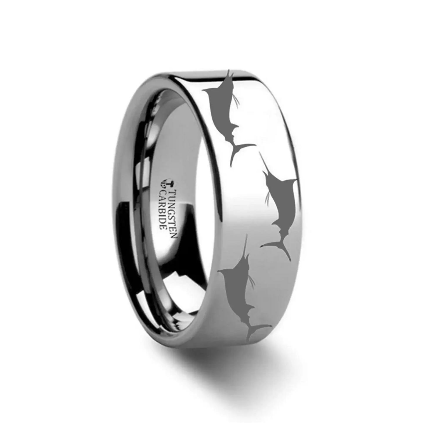 Marlin Fish Sea Print Pattern Engraved Flat Tungsten Ring - 4mm - 12mm - Larson Jewelers
