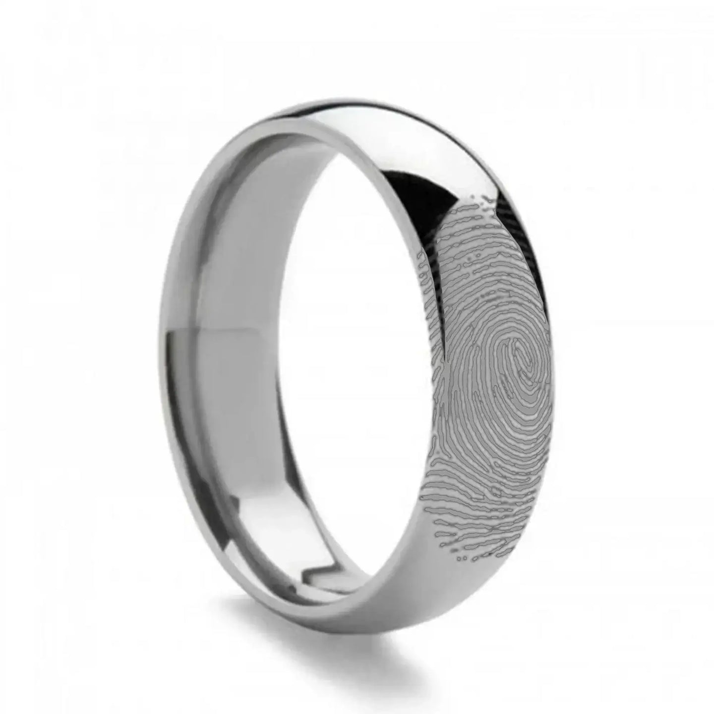 14k Fingerprint Ring White Gold Engraved Domed Band - 4mm - 8mm - Larson Jewelers