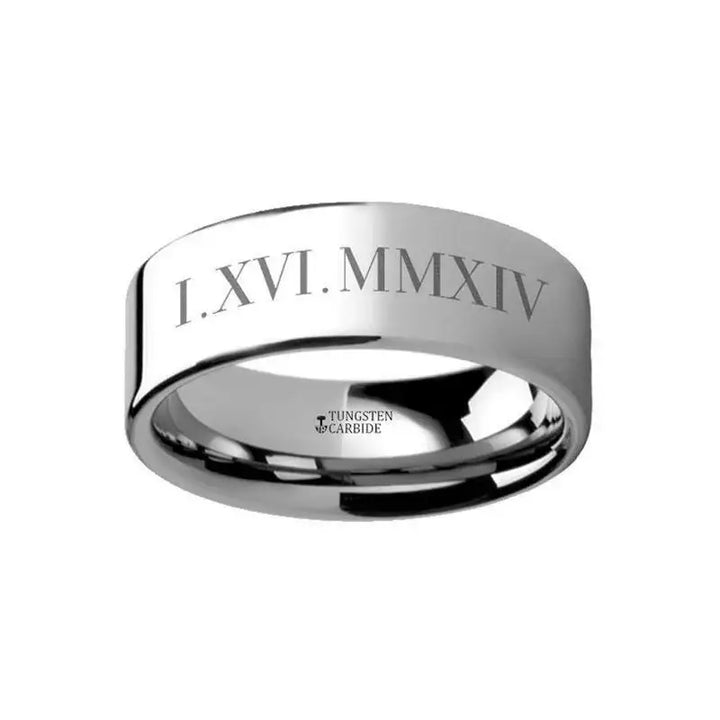 Roman Numeral Date Engraved Flat Tungsten Ring Polished - 4mm - 12mm - Larson Jewelers