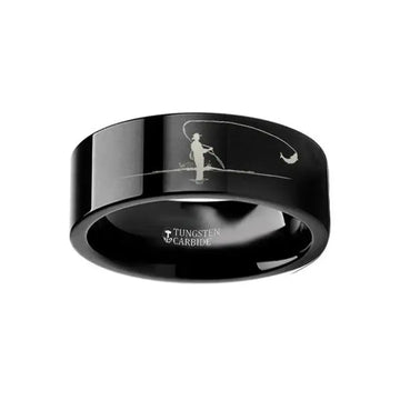 Hunting Landscape Scene Fly Fishing Fishermen Fish Ring Engraved Flat Black Tungsten Ring - 4mm - 12mm - Larson Jewelers