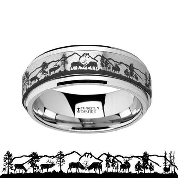 Spinning Engraved Elk Deer Stag Mountain Range Tungsten Carbide Spinner Wedding Band - 8mm - Larson Jewelers