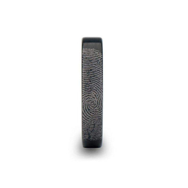Fingerprint Engraved Flat Pipe Cut Black Tungsten Ring Brushed - San Antonio - 4mm - 12mm - Larson Jewelers