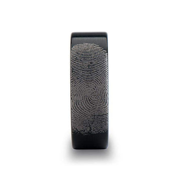 Fingerprint Engraved Flat Pipe Cut Black Tungsten Ring Brushed - San Antonio - 4mm - 12mm - Larson Jewelers