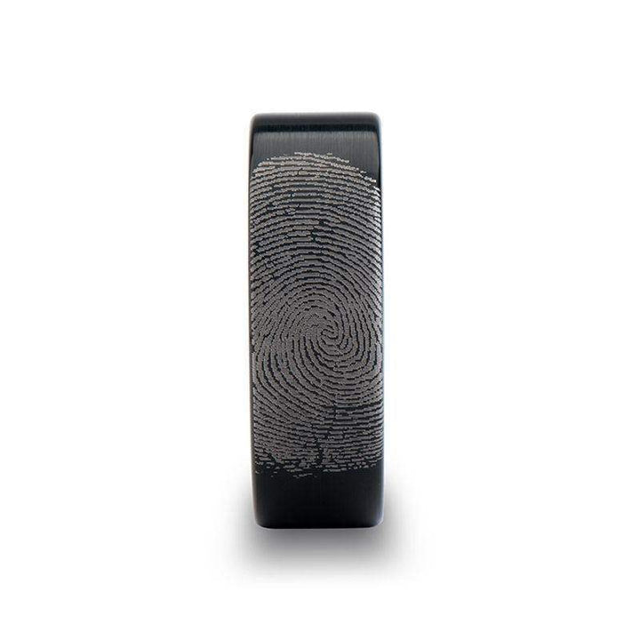 Fingerprint Engraved Flat Pipe Cut Black Tungsten Ring Brushed - San Antonio - 4mm - 12mm - Larson Jewelers