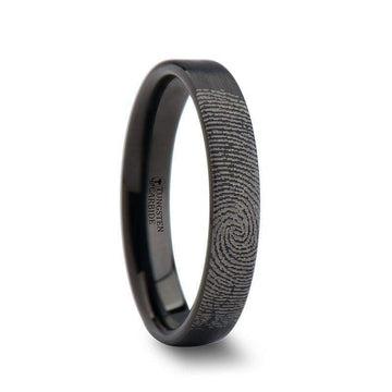 Fingerprint Engraved Flat Pipe Cut Black Tungsten Ring Brushed - San Antonio - 4mm - 12mm - Larson Jewelers