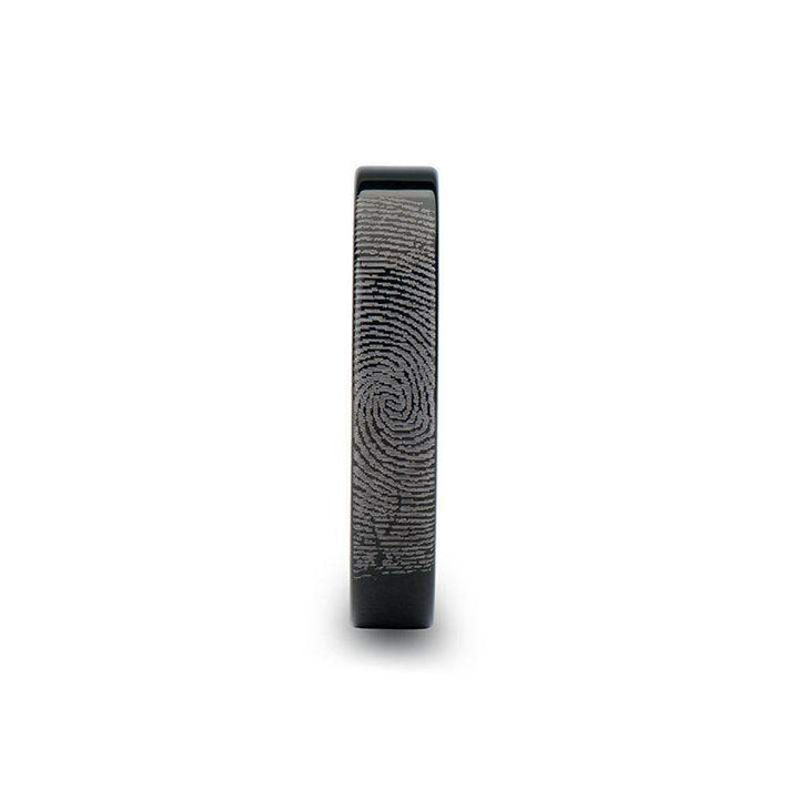 Fingerprint Engraved Flat Pipe Cut Black Tungsten Ring Polished - Morpheus - 4mm - 12mm - Larson Jewelers