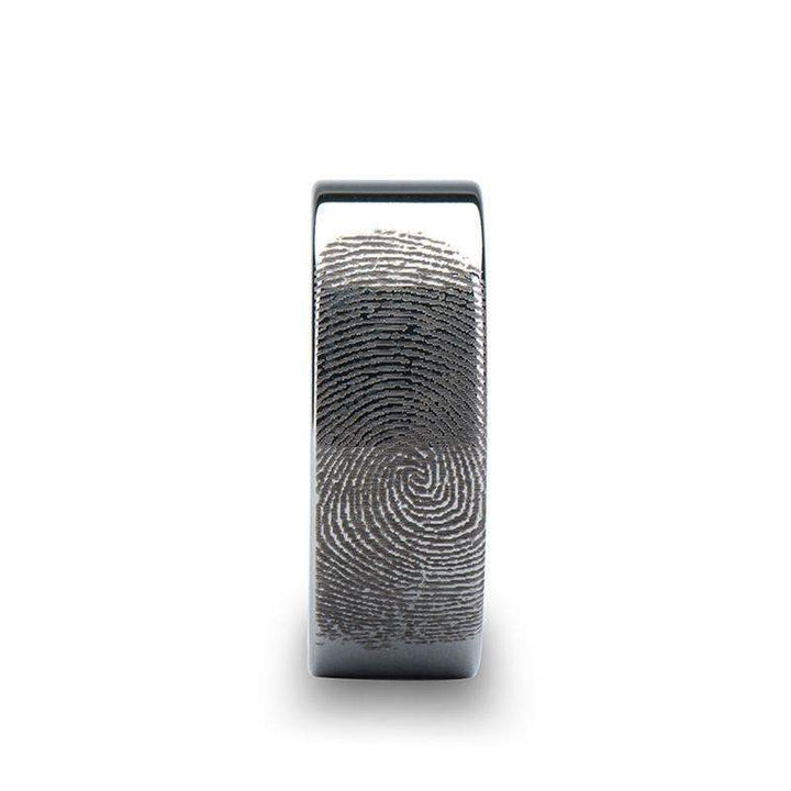 Fingerprint Engraved Flat Pipe Cut Tungsten Ring Polished - Spartan - 4mm - 12mm - Larson Jewelers