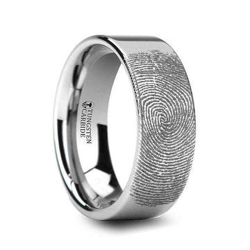 Fingerprint Engraved Flat Pipe Cut Tungsten Ring Polished - Spartan - 4mm - 12mm - Larson Jewelers