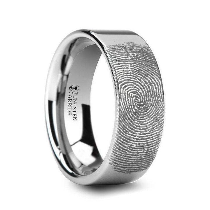 Fingerprint Engraved Flat Pipe Cut Tungsten Ring Polished - Spartan - 4mm - 12mm - Larson Jewelers