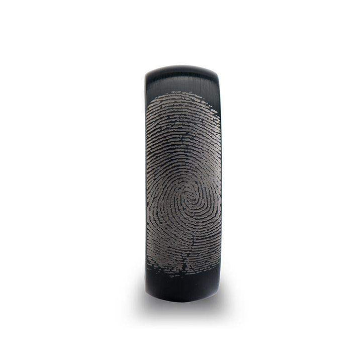 Fingerprint Engraved Domed Black Tungsten Ring with Brushed Finish - Raider - 4mm - 12mm - Larson Jewelers