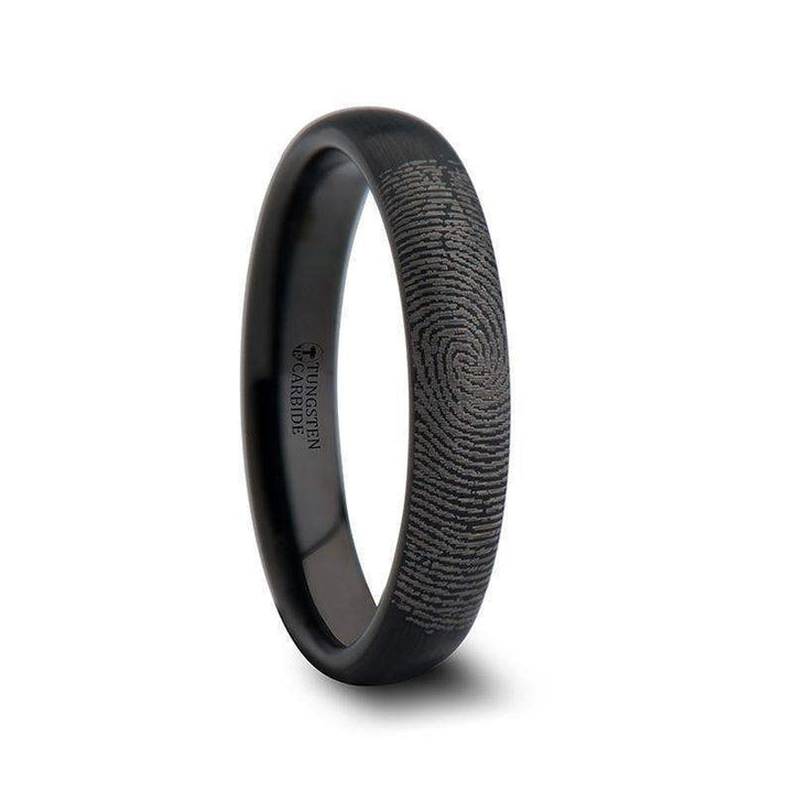 Fingerprint Engraved Domed Black Tungsten Ring with Brushed Finish - Raider - 4mm - 12mm - Larson Jewelers