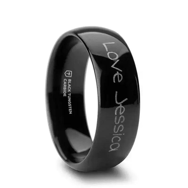 Handwritten Engraved Domed Black Tungsten Ring Polished - 4mm - 12mm - Larson Jewelers