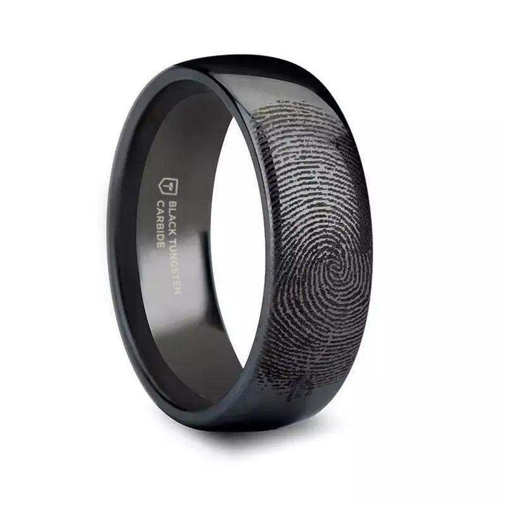 Fingerprint Engraved Domed Black Tungsten Ring Polished - 4mm - 12mm - Larson Jewelers