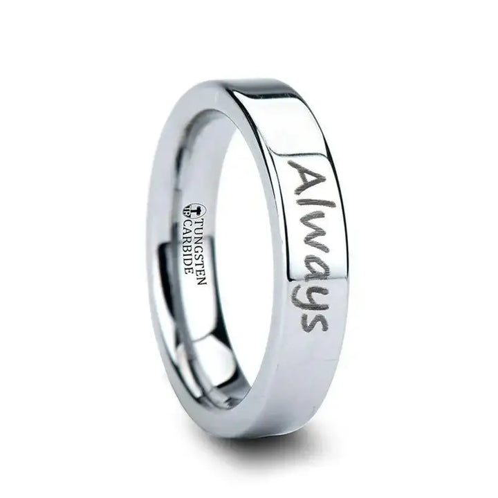 Handwritten Engraved Flat Pipe Cut Tungsten Ring Polished - 4mm - 12mm - Larson Jewelers
