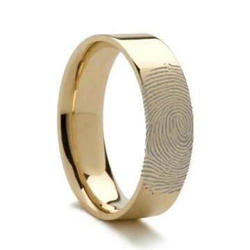 14k Fingerprint Ring Yellow Gold Engraved Flat Band - 4mm - 8mm - Larson Jewelers