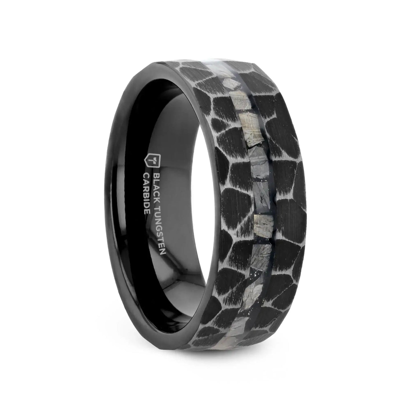 FISSURE Black Tungsten Ring with Hammered Finish and Meteorite Inlay - 8mm - Larson Jewelers