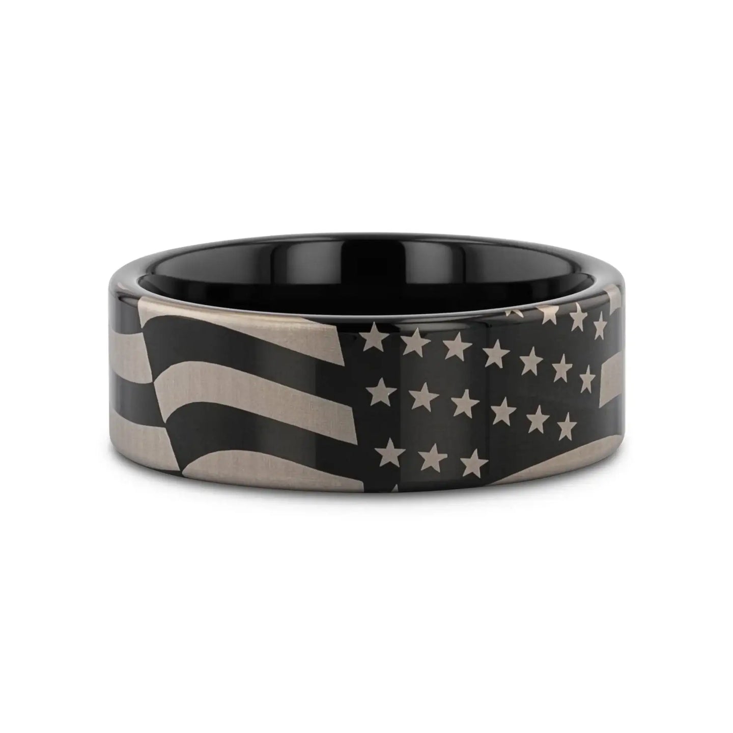 U.S. Flag Patriot Engraved Polished Flat Pipe Cut Black Tungsten Ring - 6mm - 12mm - Larson Jewelers