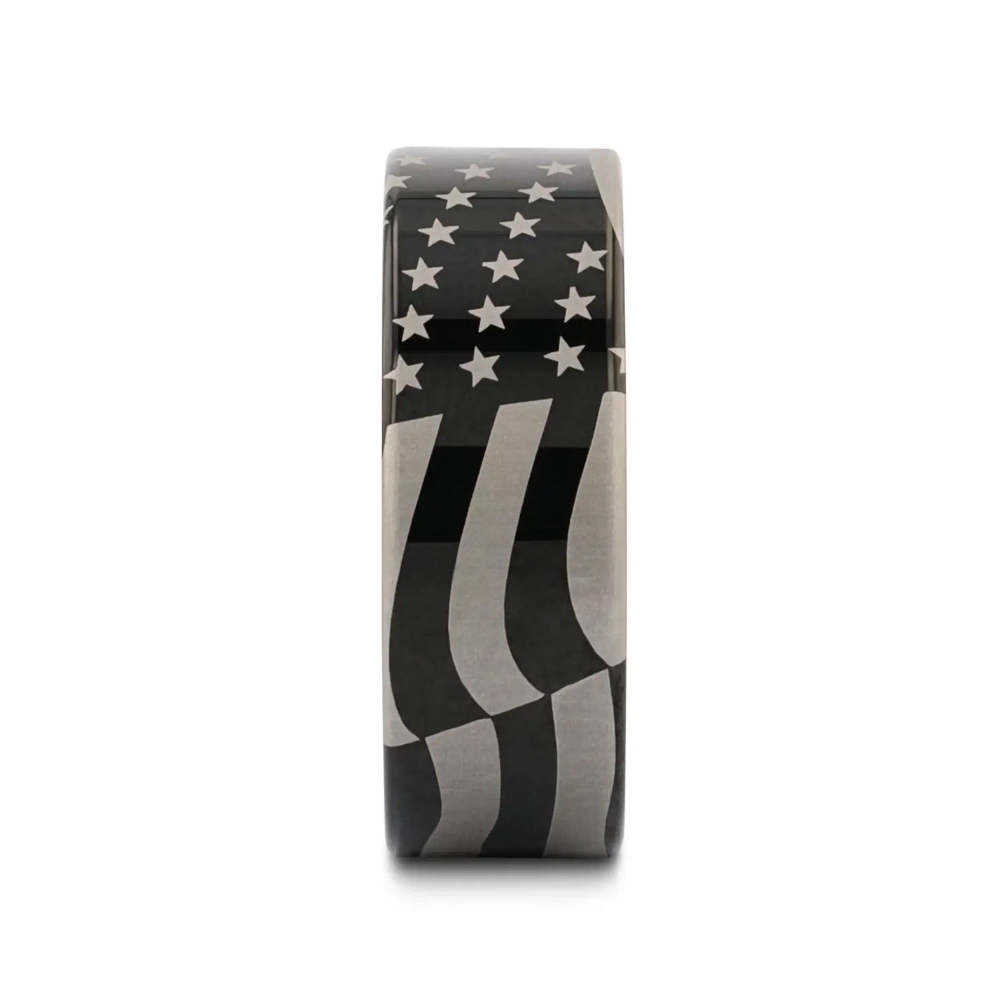 U.S. Flag Patriot Engraved Polished Flat Pipe Cut Black Tungsten Ring - 6mm - 12mm - Larson Jewelers