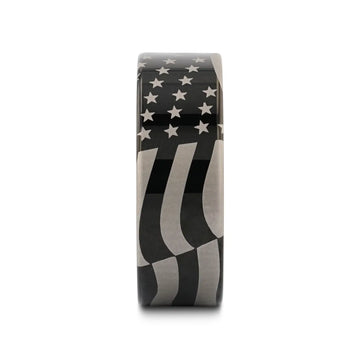 U.S. Flag Patriot Engraved Polished Flat Pipe Cut Black Tungsten Ring - 6mm - 12mm - Larson Jewelers