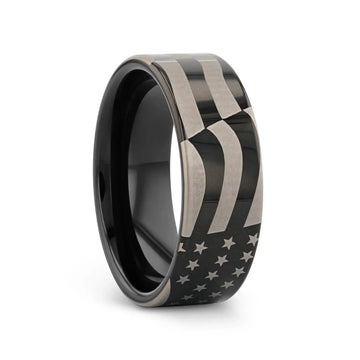 U.S. Flag Patriot Engraved Polished Flat Pipe Cut Black Tungsten Ring - 6mm - 12mm - Larson Jewelers