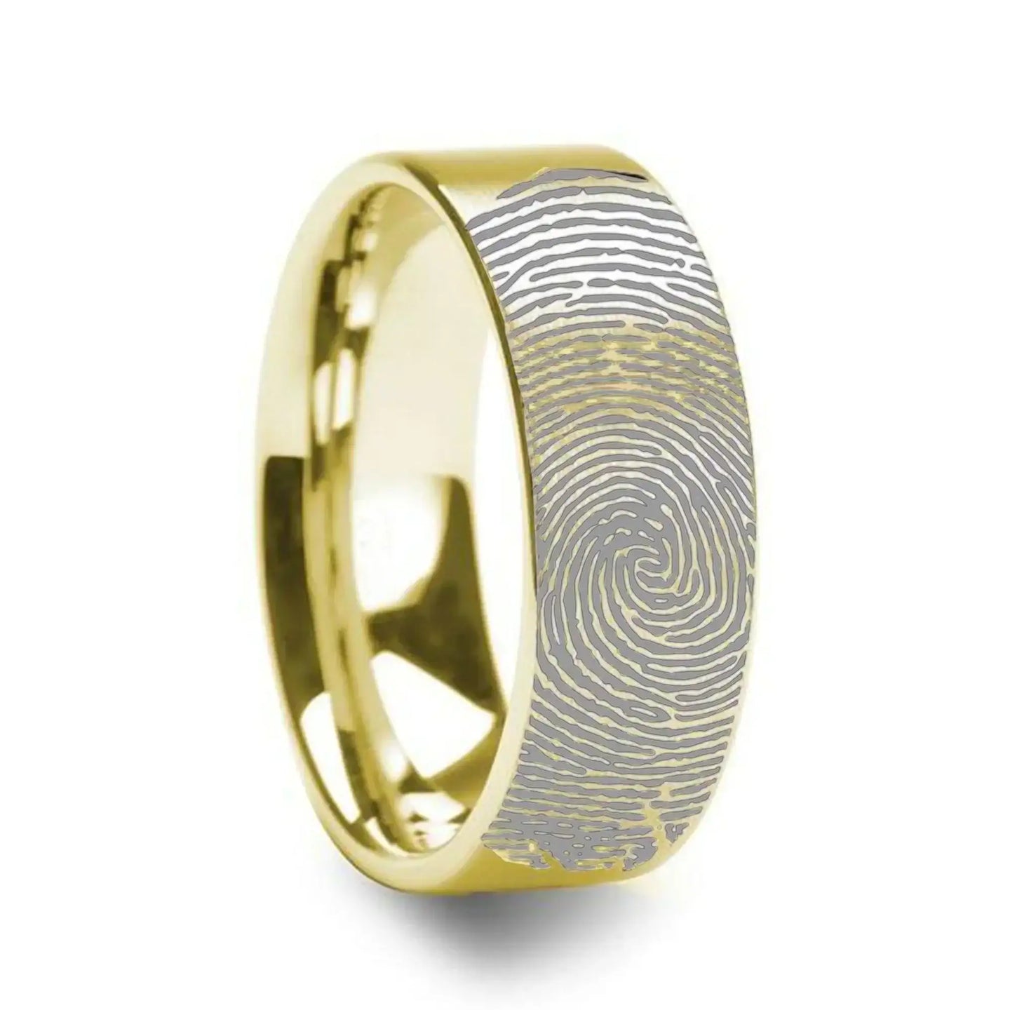 14k Fingerprint Ring Yellow Gold Engraved Flat Brushed Band - 4mm - 8mm - Larson Jewelers