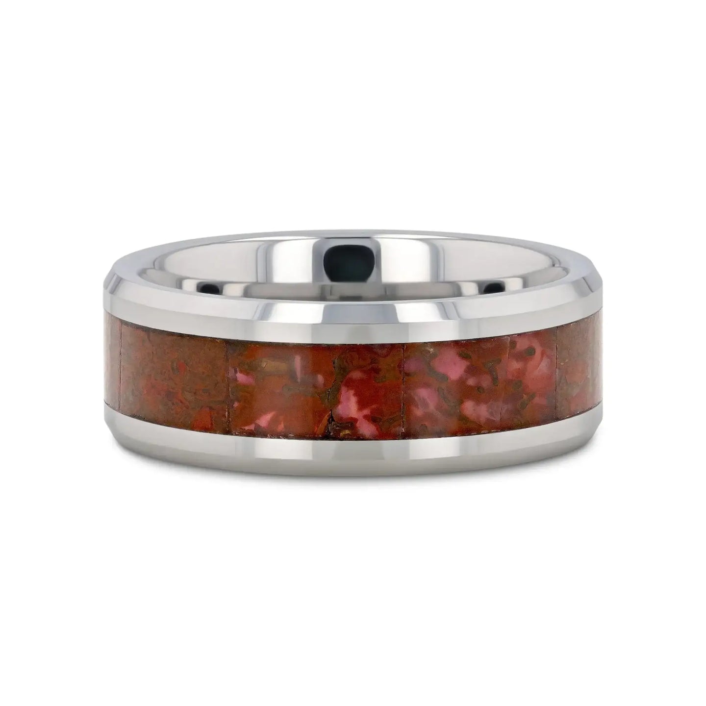 JURASSIC Red Dinosaur Bone Inlaid Tungsten Carbide Beveled Edged Ring - 4mm & 8mm - Larson Jewelers