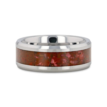 JURASSIC Red Dinosaur Bone Inlaid Tungsten Carbide Beveled Edged Ring - 4mm & 8mm - Larson Jewelers