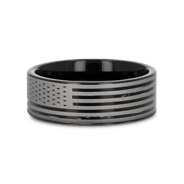 American Flags Engraved Flat Polished Black Tungsten Bands - Larson Jewelers