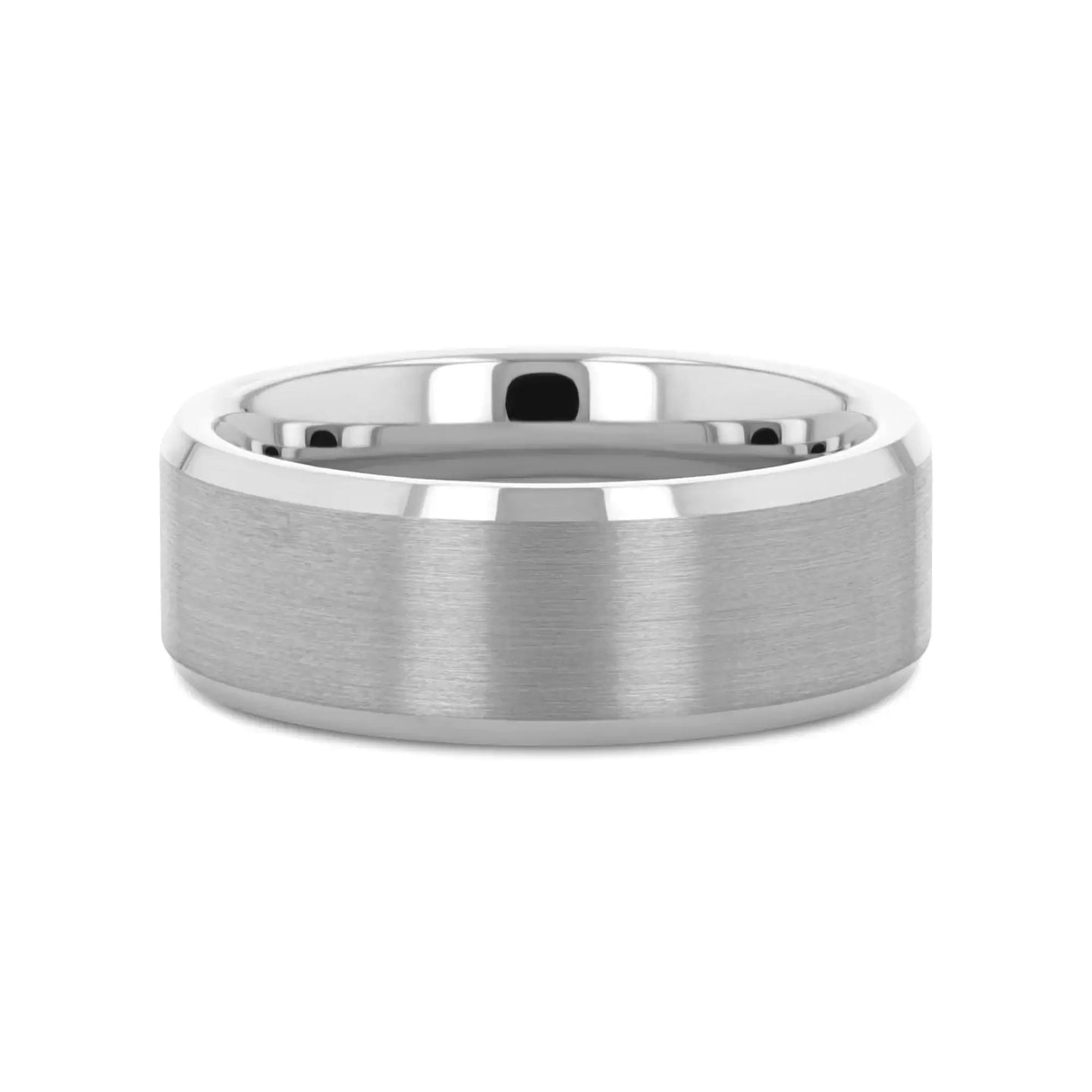Side profile of the tungsten ring highlighting its brushed center strip and polished bevels