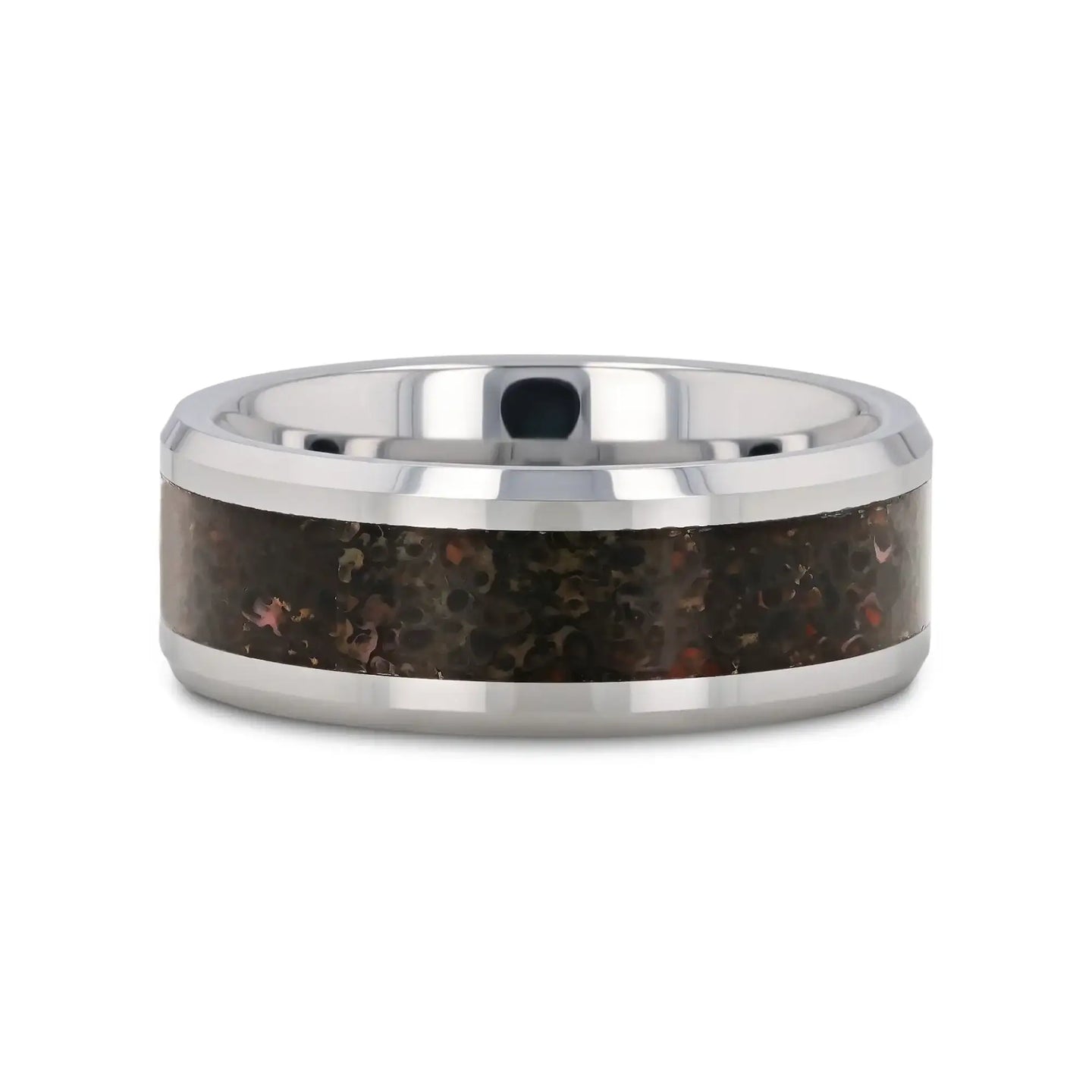 DRACARYS Tungsten Ring Black Dinosaur Inlay with Polished Bevel Edges - 8mm - Larson Jewelers
