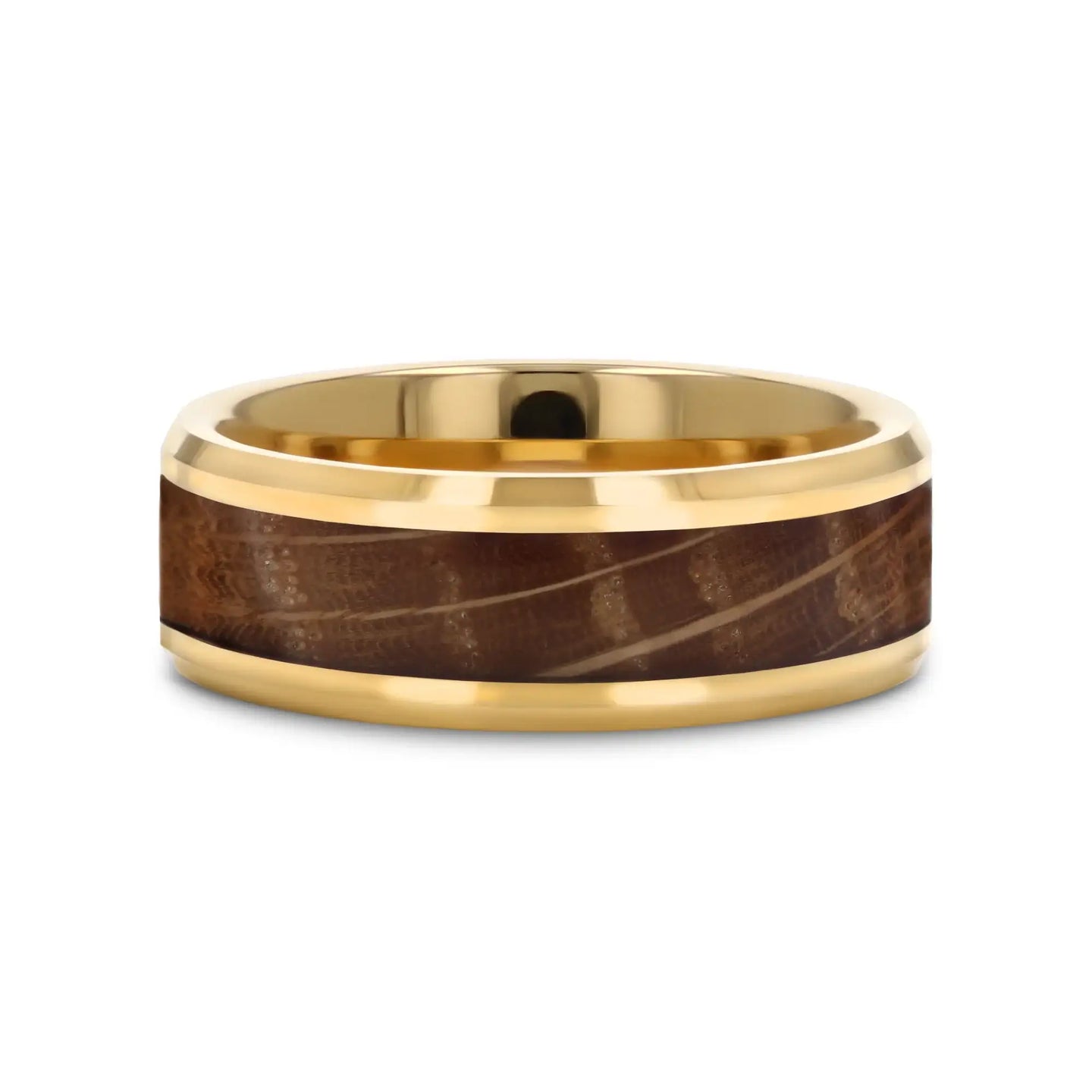 PROOF Tungsten Men's Wedding Band With Polished Beveled Edges & Whiskey Barrel Inlay - 8mm - Larson Jewelers
