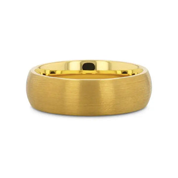 Side profile of the domed brushed gold-plated tungsten ring with polished inner surface