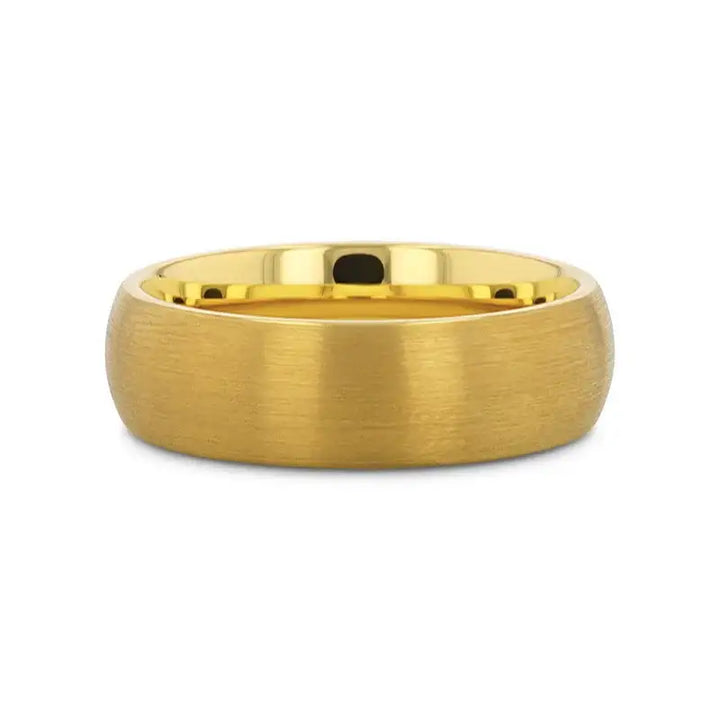 Side profile of the domed brushed gold-plated tungsten ring with polished inner surface