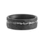 Flat lay of the black hammered tungsten ring highlighting the continuous offset meteorite inlay